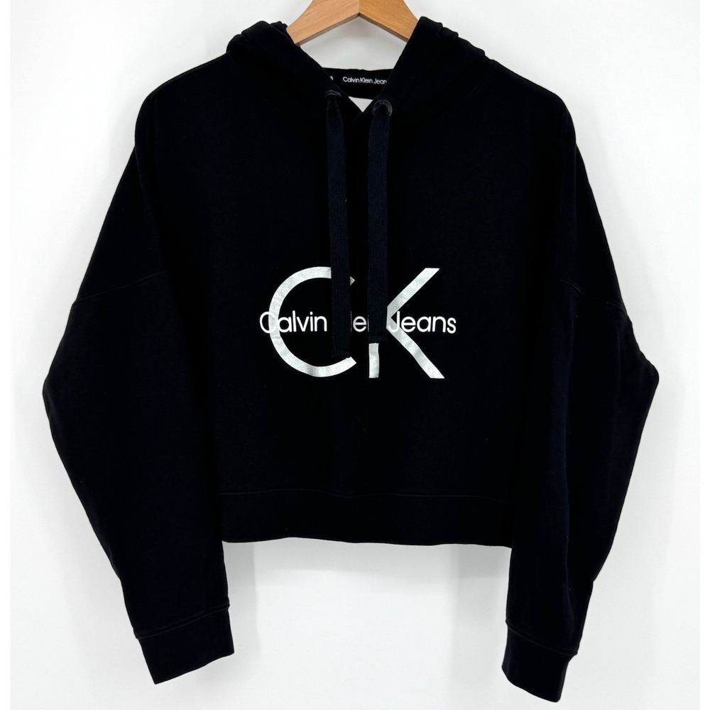 Calvin Klein Jeans Womens Black Cropped Hoodie Metallic Silver CK Logo Large